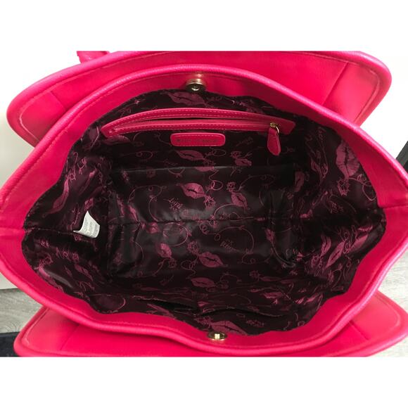 New Betsey Johnson Pink Tan White Stripped Shoulder Handle Heart Purse Handbag - Picture 6 of 6